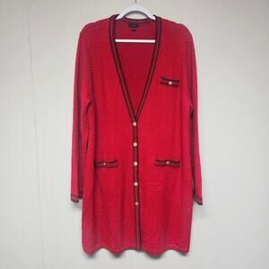 Talbots Red Navy Wool Christmas Coastal Nautical Long Sweater Cardigan Size XL